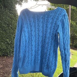 Lands' End Blue Crew Neck Cable Knit Sweater